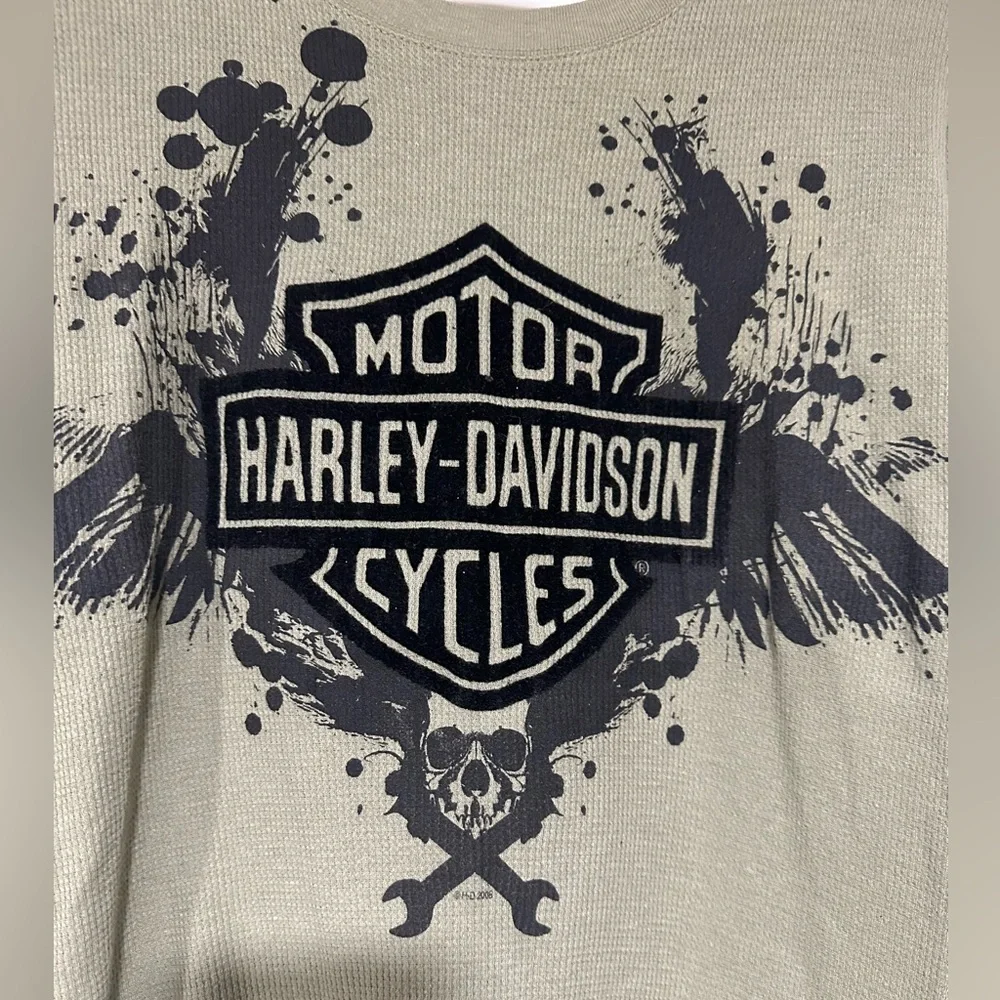 Harley Davidson Long Sleeve Thermal Womens Green Skull Cross Wrench Medium - Picture 2 of 5